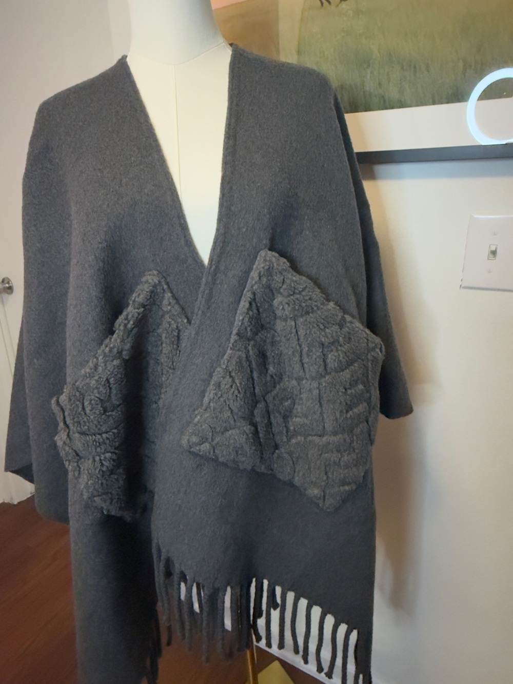 FENDI Roma 100% Wool Fringe Poncho Cape Oversized Pocket One Size